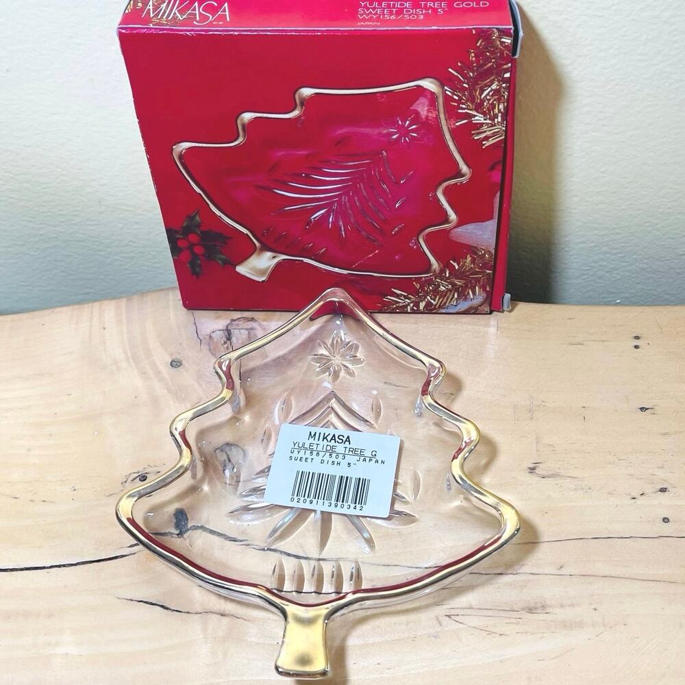 Vtg Mikasa Christmas Tree Yuletide Glass Sweet Dish Gold Trim Candy Tray Japan